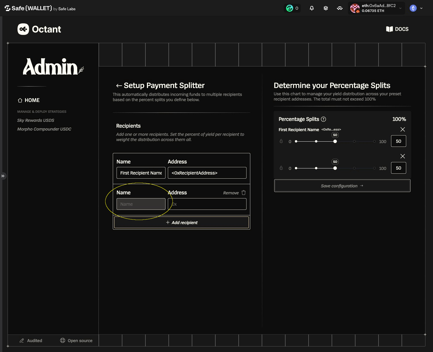 Payment Splitter setup showing two recipient rows with the second Name field highlighted