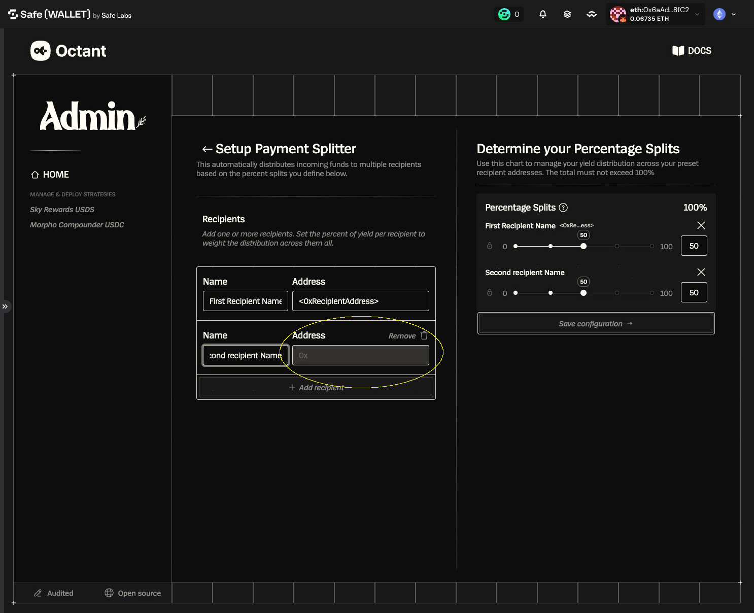 Payment Splitter setup with the second recipient Address field highlighted