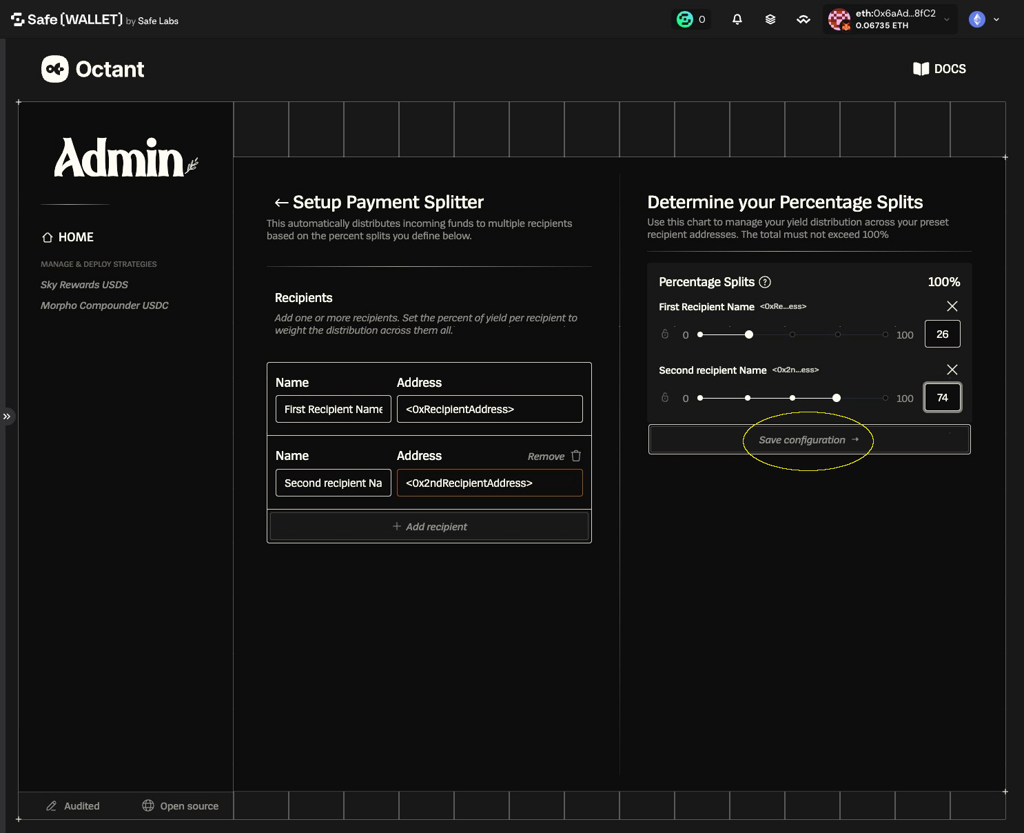 Payment Splitter setup with the Save configuration button highlighted