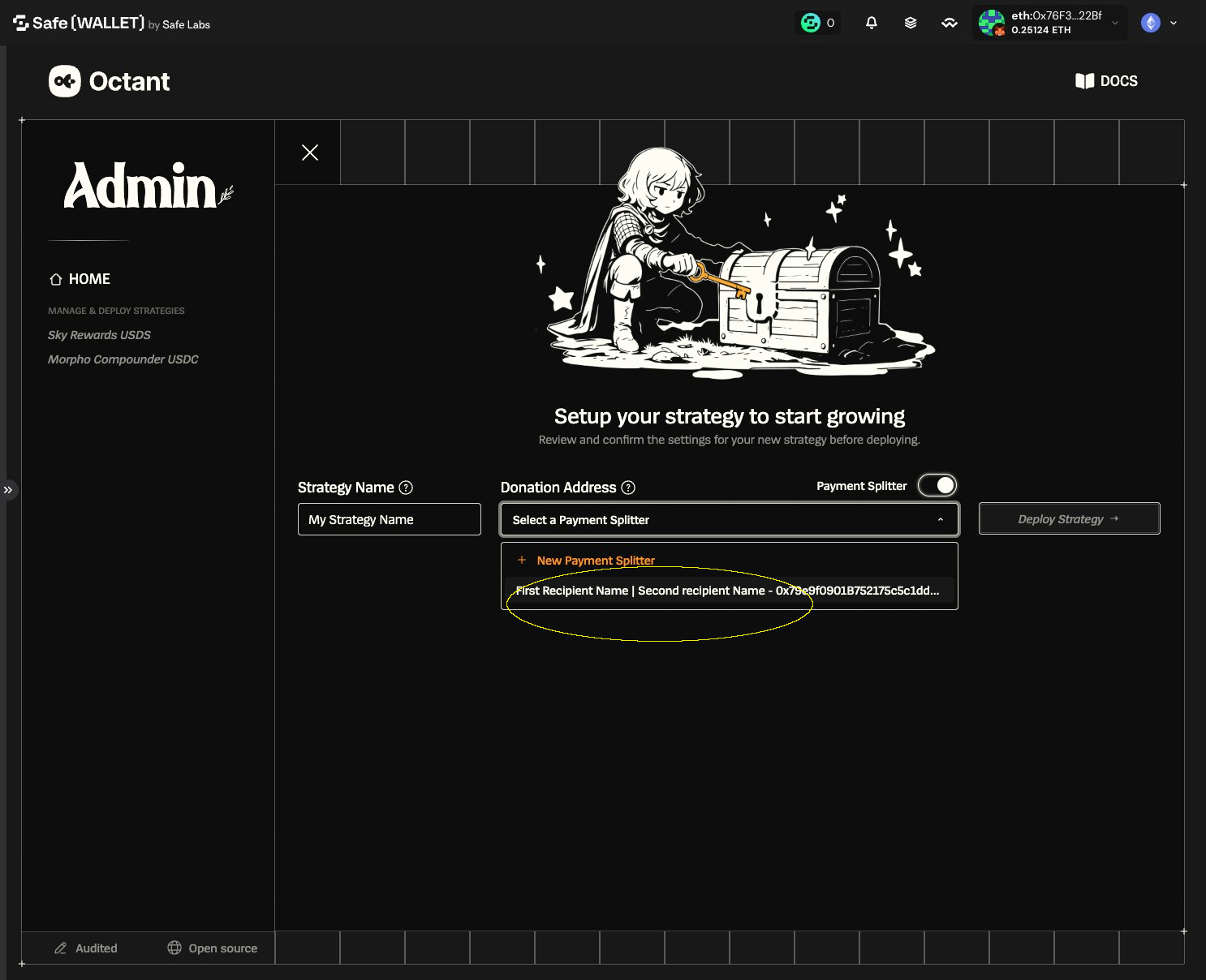 Strategy setup form with the newly created Payment Splitter visible in the Donation Address dropdown
