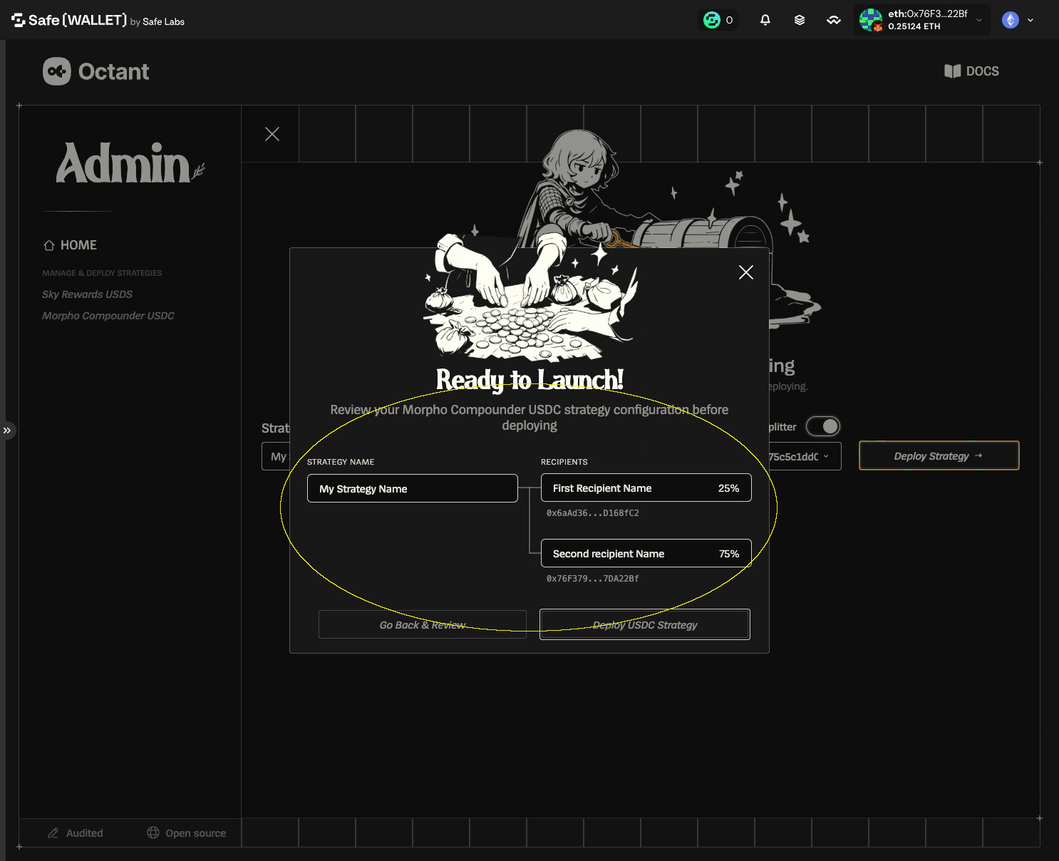 Ready to Launch confirmation dialog showing strategy name, recipients, and percentage splits
