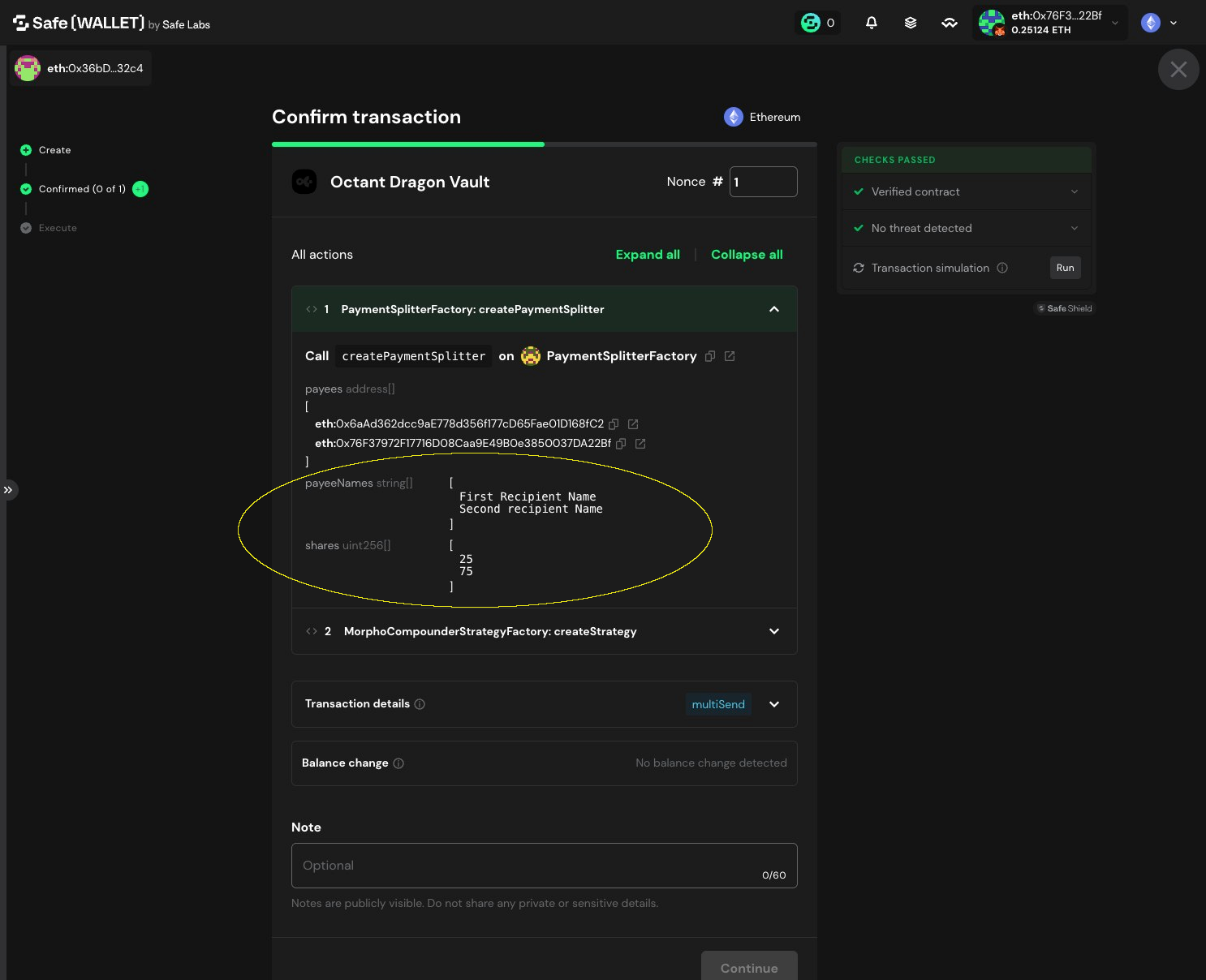 Expanded createPaymentSplitter transaction showing payee addresses, names, and share percentages