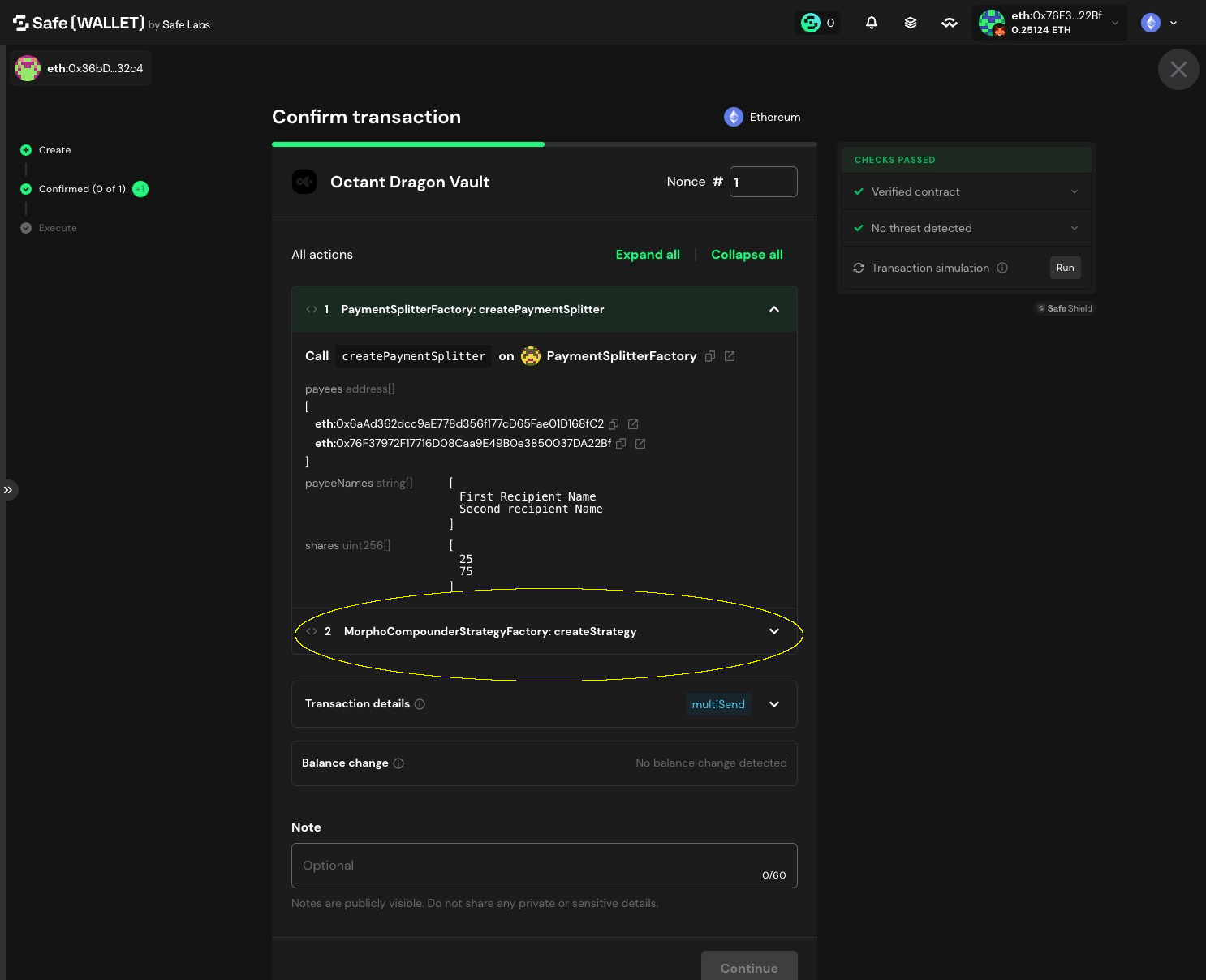 Expanded createStrategy transaction on MorphoCompounderStrategyFactory highlighted