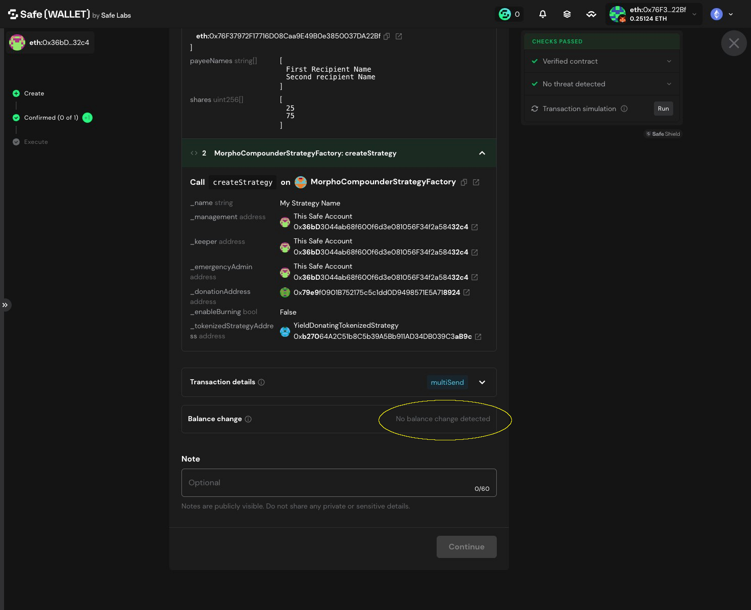 Safe transaction confirmation with Balance change section and simulation results highlighted