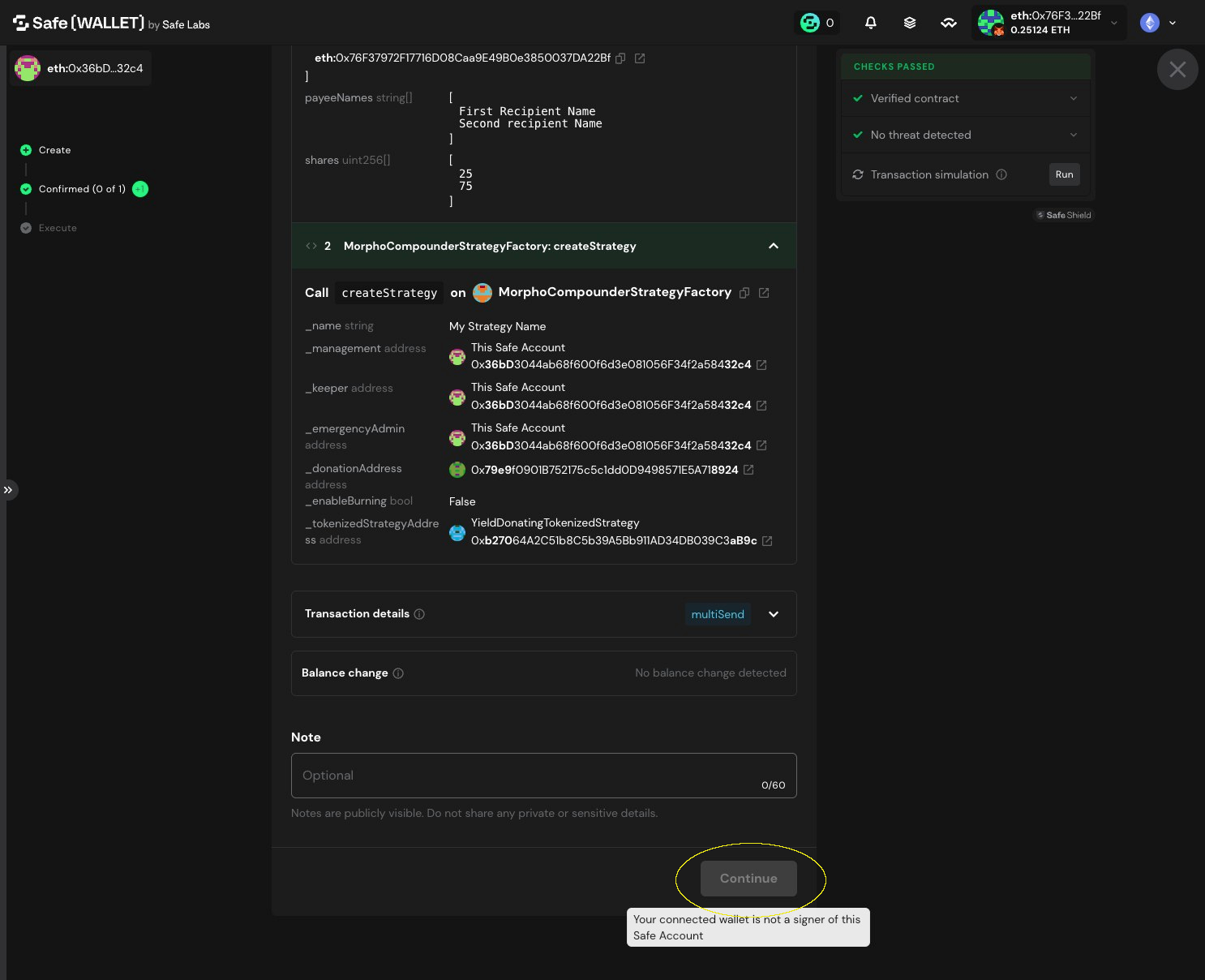 Safe transaction confirmation with the Continue button highlighted to proceed with multisig signing