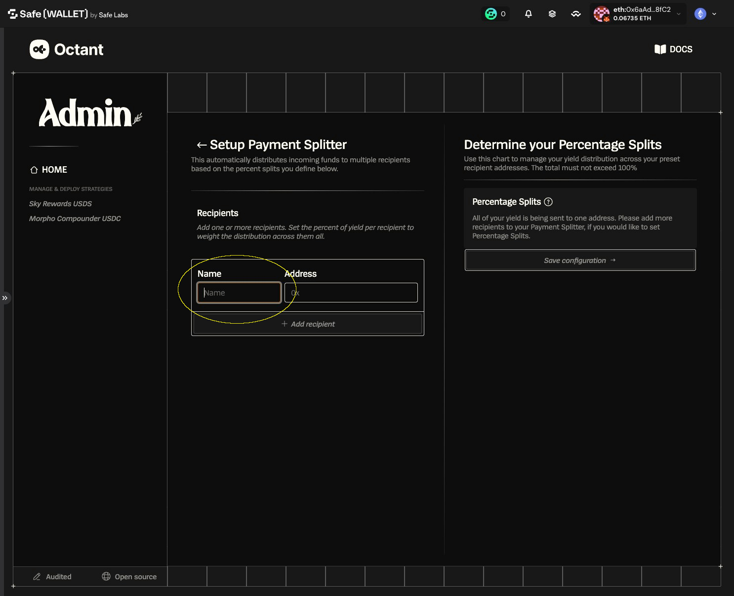 Payment Splitter setup with the Name field for the first recipient highlighted