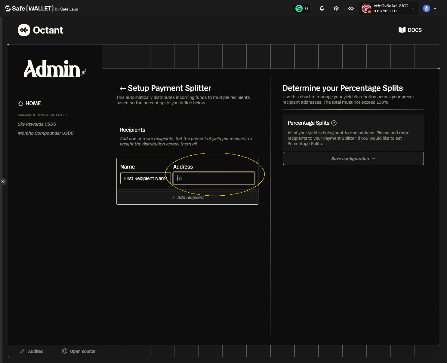 Payment Splitter setup with the Address field for the first recipient highlighted