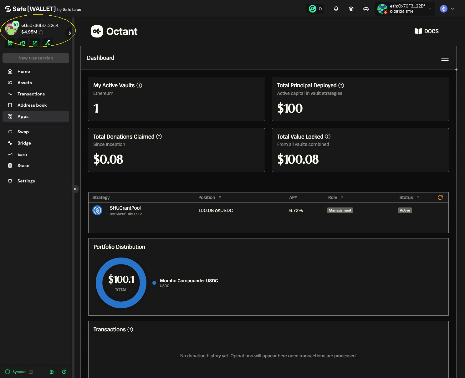 Octant Dashboard showing the connected Safe address highlighted in the Safe sidebar