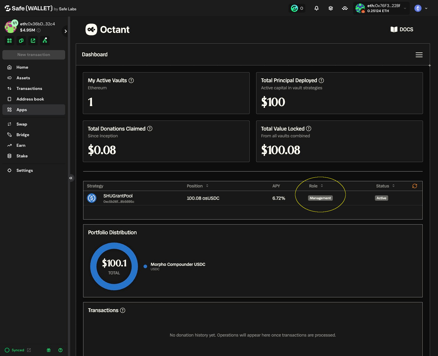 Octant Dashboard with the Management role badge highlighted on the strategy row