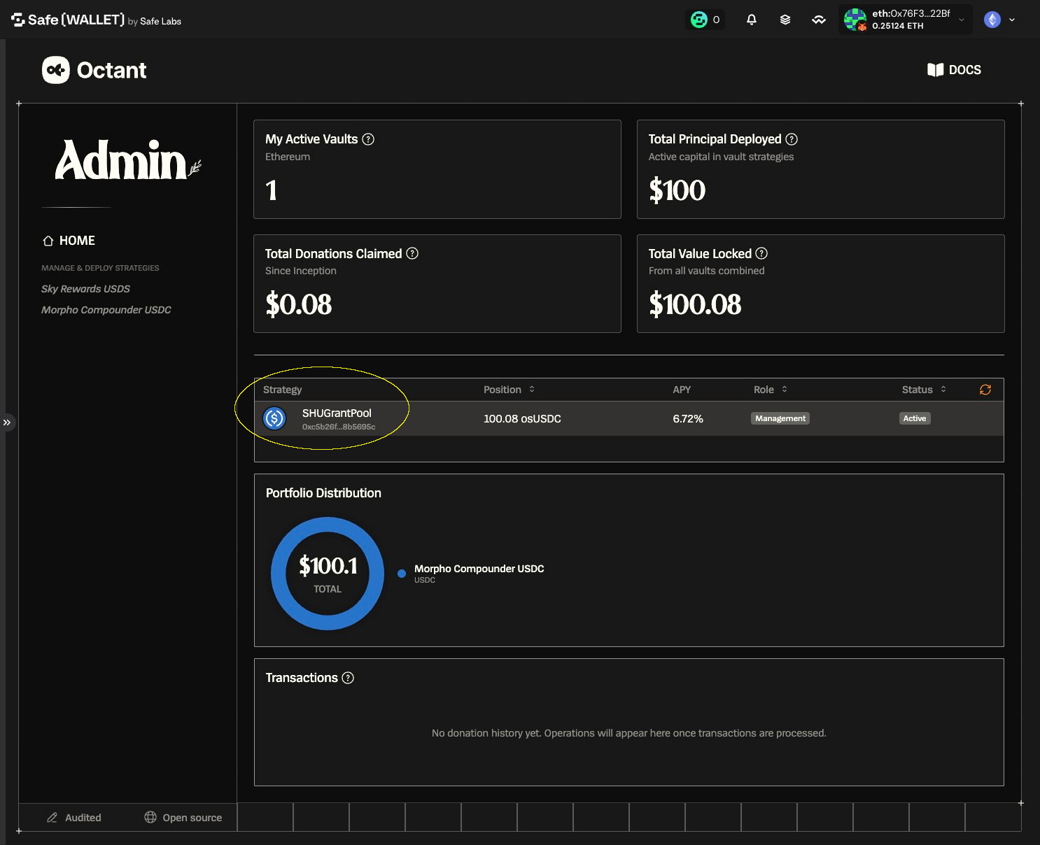 Octant Admin dashboard with the SHUGrantPool strategy row highlighted