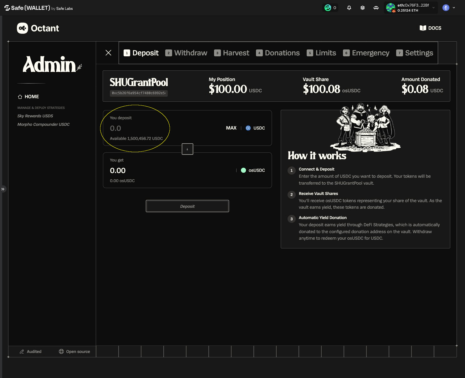 Deposit form with the USDC amount input field highlighted