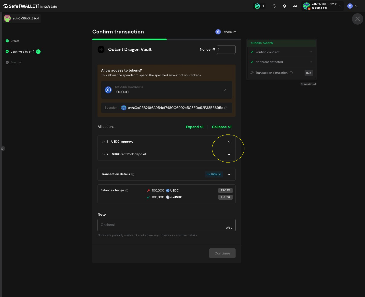 Safe Confirm transaction screen showing an allowance approval and a deposit action with Expand all control highlighted