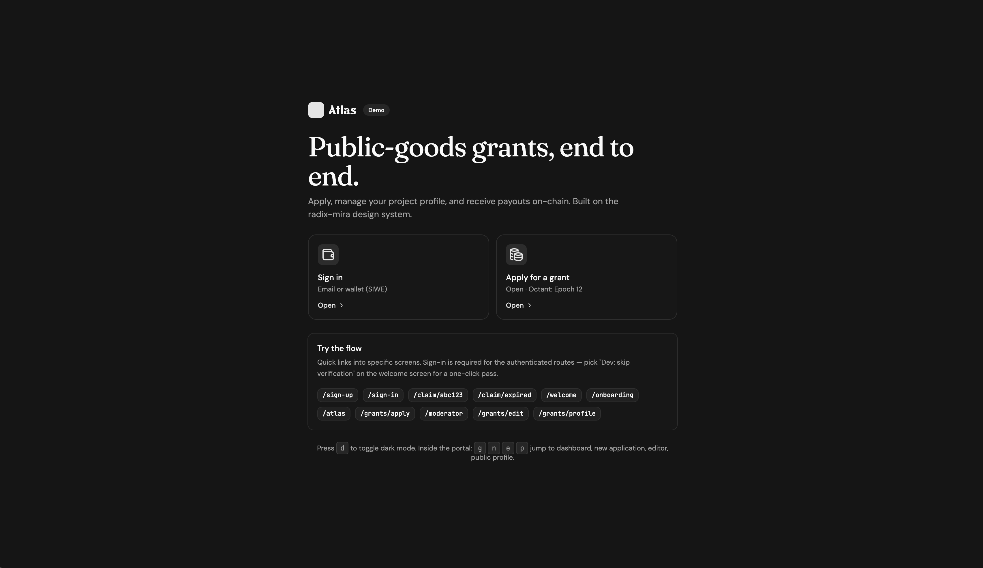 Octant Atlas welcome screen