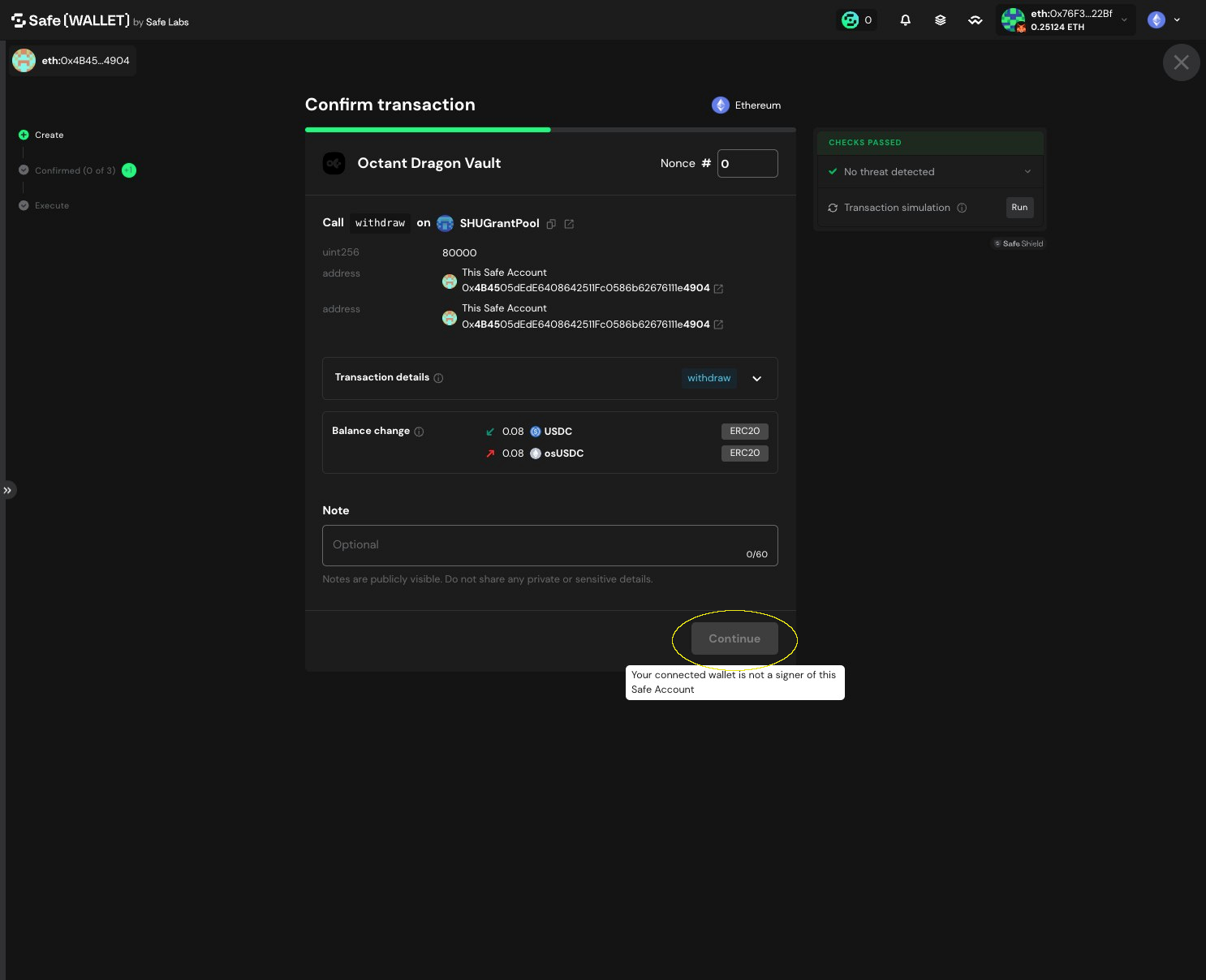 Safe transaction confirmation with the Continue button highlighted to proceed with multisig signing