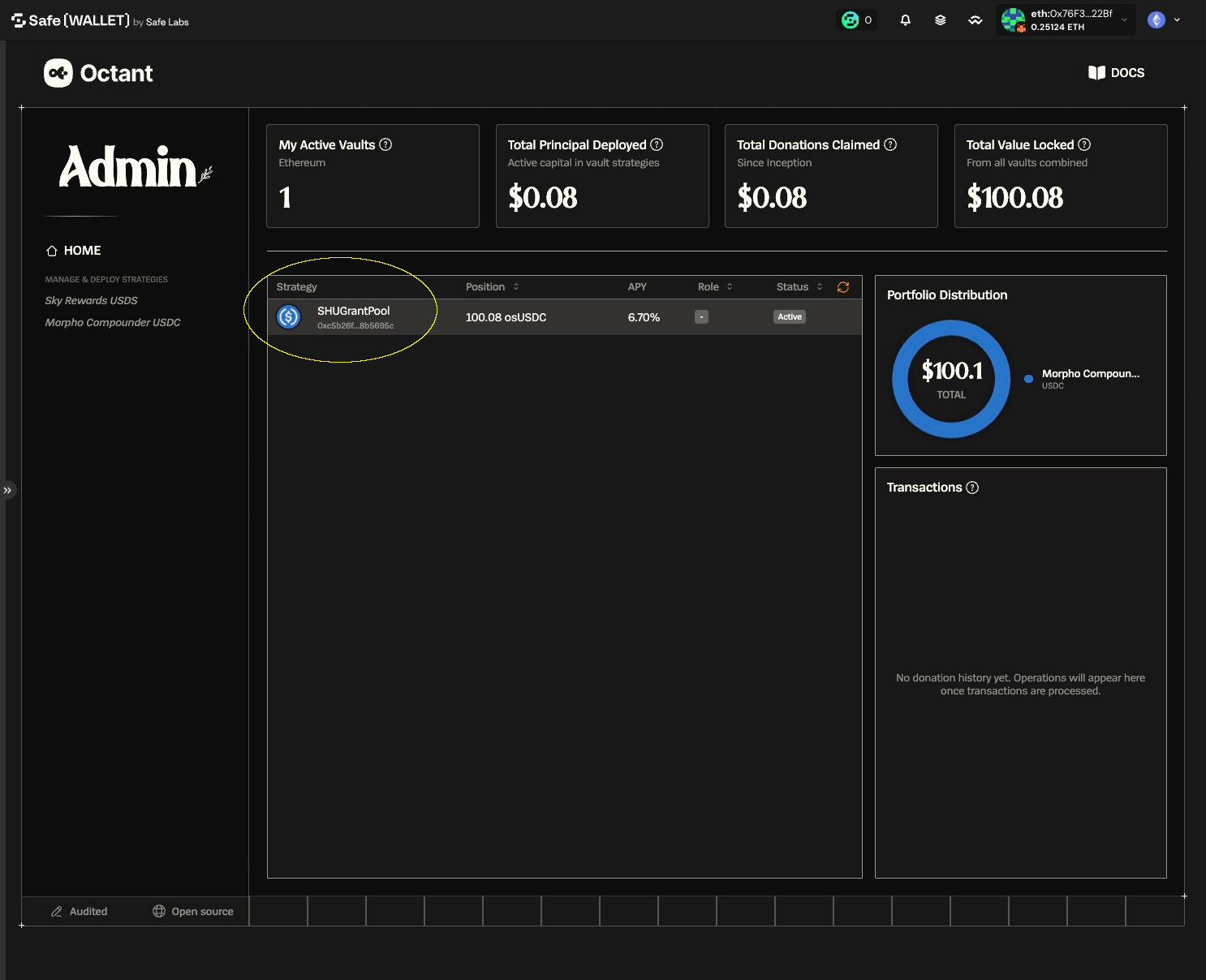 Octant Admin dashboard with the SHUGrantPool strategy row highlighted