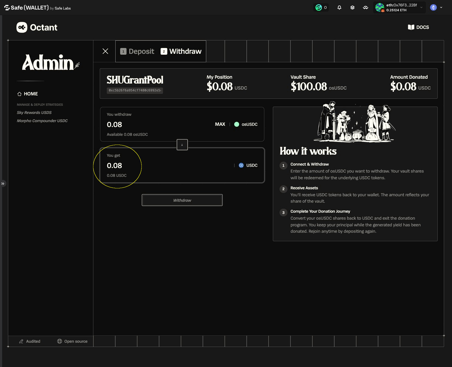 Withdraw form showing 0.08 osUSDC entered with the estimated USDC output highlighted