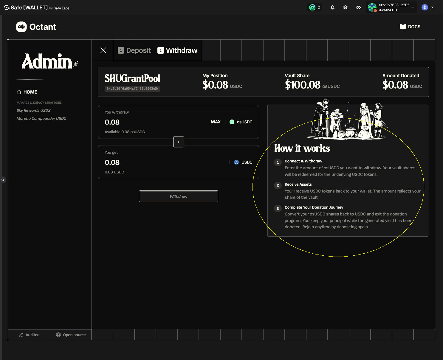 Withdraw form with the How it works panel highlighted, explaining Connect and Withdraw, Receive Assets, and Complete Your Donation Journey